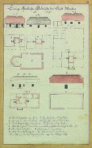 Ausführlicher architektonischer Entwurf eines Hauses mit rotem Dach, bezeichnet als Schloss Stiefen, ein deutsches Gefängnis aus dem Jahr 1797, einschließlich struktureller Pläne und beschreibenden Texts.