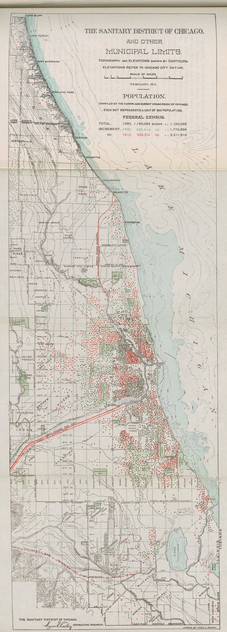 Schwarz-weiß-Karte des Sanitärbezirks von Chicago mit Text zur Begrenzung der städtischen Grenzen.