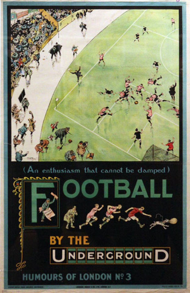 Ein Vintage-Plakat, das ein Fußballspiel mit dem Titel 'Football by the Underground - Humours of London No. 3' bewirbt, zeigt Zuschauer in einem Stadion.