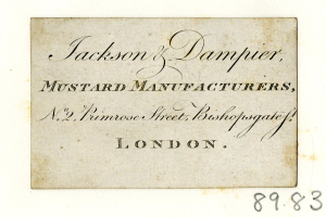 Schwarz-weißes Bild einer alten Visitenkarte für "Jackson & Damper Senfhersteller", die sich an No. 2, Primrose Street, Bishopgate, London befindet.