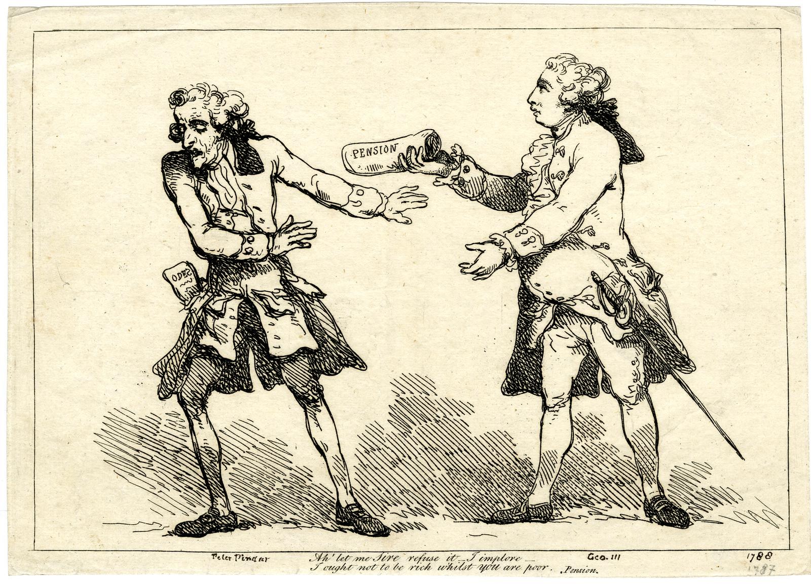 Cartoon von zwei Männern in Renaissance-Kleidung, einer hält ein Papier mit dem Wort "Rente" unten sichtbar.