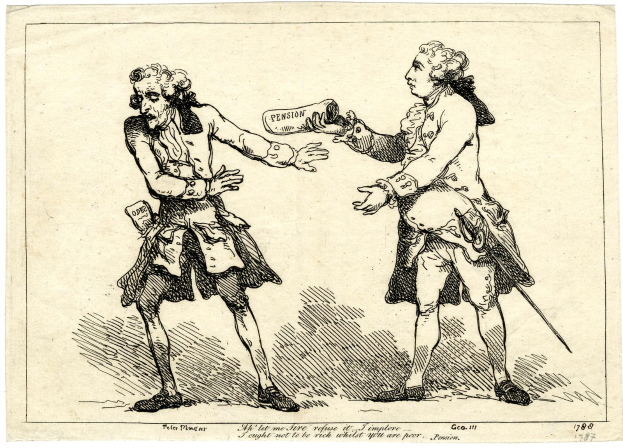 Cartoon von zwei Männern in Renaissance-Kleidung, einer hält ein Papier mit dem Wort "Rente" unten sichtbar.