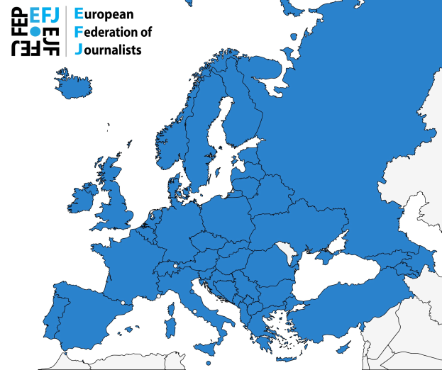 Eine Karte von Europa, die die Europäische Journalisten-Föderation (EFJ) in Blau hervorhebt, mit zusätzlichen Textdetails.