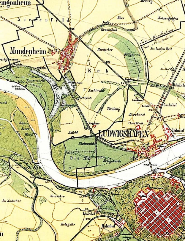 Alte detaillierte Karte von Ludwigschaften, Deutschland, zeigt Straßen, Gebäude und Sehenswürdigkeiten mit Textangaben zum Standort der Stadt.
