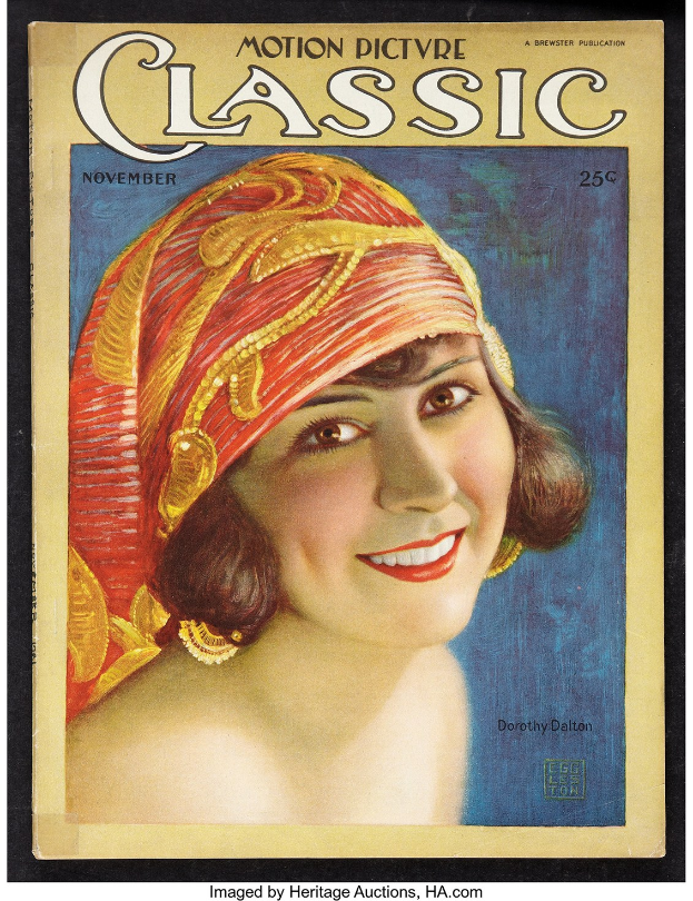 Frau mit roter Turban, die auf dem Cover von 'Motion Picture Classic' lächelt.