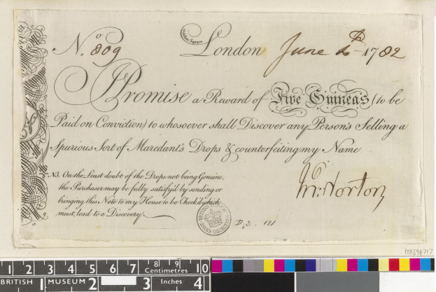 Alter Dokument mit schwarzer und weißer Handschrift, Text und einem Stempel, mit Farbskalen und einer Belohnungsankündigung für die Meldung von gefälschten Mardants Tropfen.