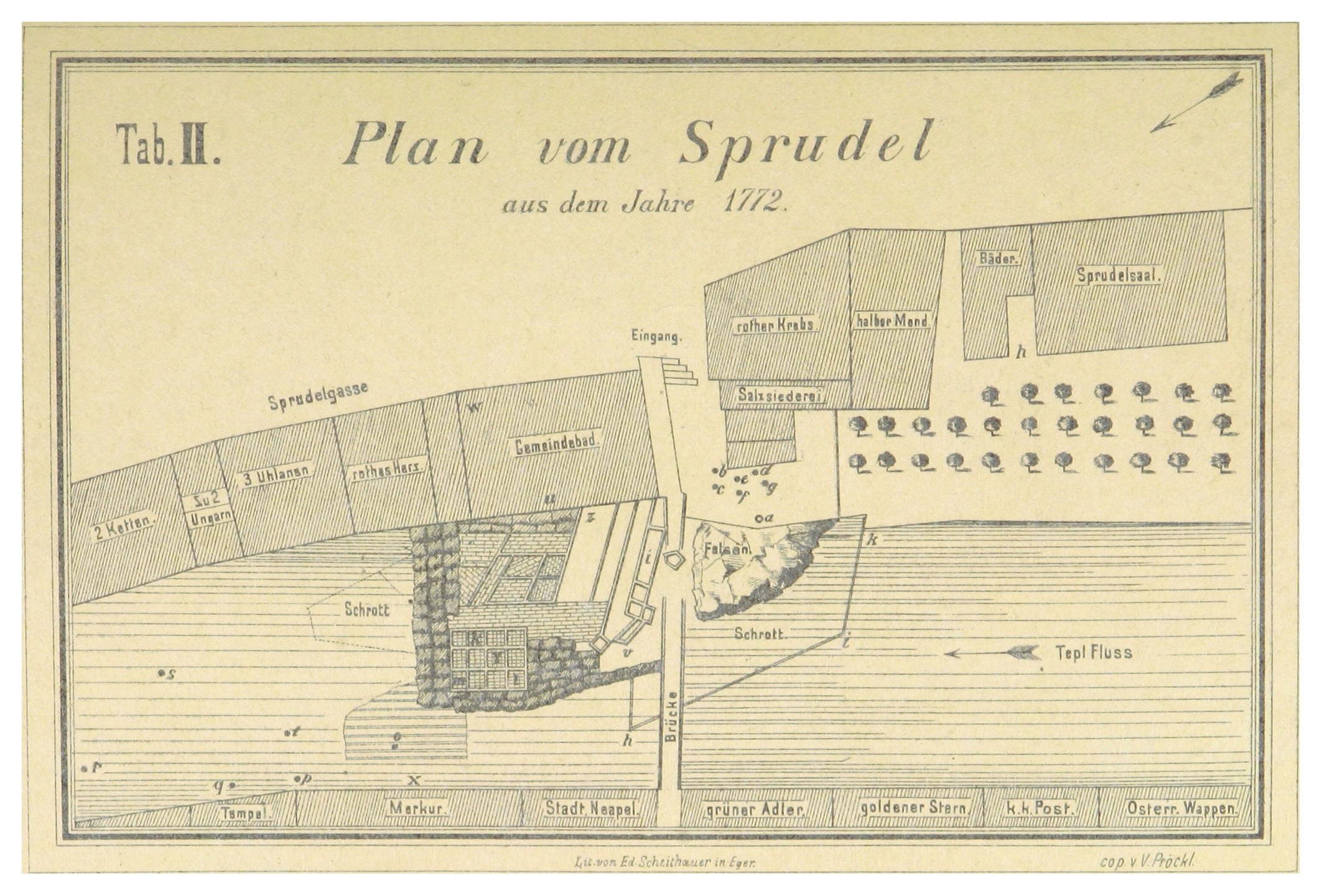 Ein Plakat mit einem detaillierten Plan von Spruidel, Deutschland, und begleitendem Text, der die Stadt beschreibt.