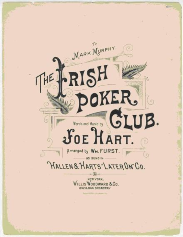 Ein Plakat mit der Aufschrift "The Irish Poker Club" in fetter schwarzer Schrift auf einem weißen Hintergrund, umrahmt von einem schmalen schwarzen Rand, mit einer bunten Kleeblatt-Illustration.