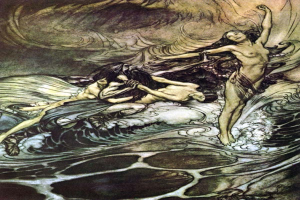 Gemälde mit dem Titel "Die Meerjungfrauen" von Arthur Rackham, das eine Meerjungfrau in einem langen dunklen Kleid und eine Frau in einem smaragdgrünen Kleid zeigt, die in tiefblauen Ozeanwellen unter einem Sonnenuntergang treiben.