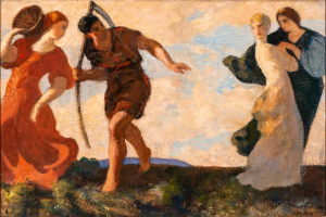 Gemälde mit dem Titel 'Der Tanz des verlorenen Sohnes' von Jean-Baptiste-Camille Corot (1884), das einen Mann und zwei Frauen in einer grünen Wiese unter einem bewölkten Himmel tanzen zeigt, wobei der Mann einen Stock hält.