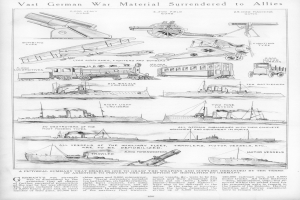 Schwarz-weißes Dokument mit der Überschrift "Vast German War Material Surrendered to Allies" mit detaillierten Illustrationen von übergebenen deutschen Militärfahrzeugen, Schiffen und Ausrüstung.
