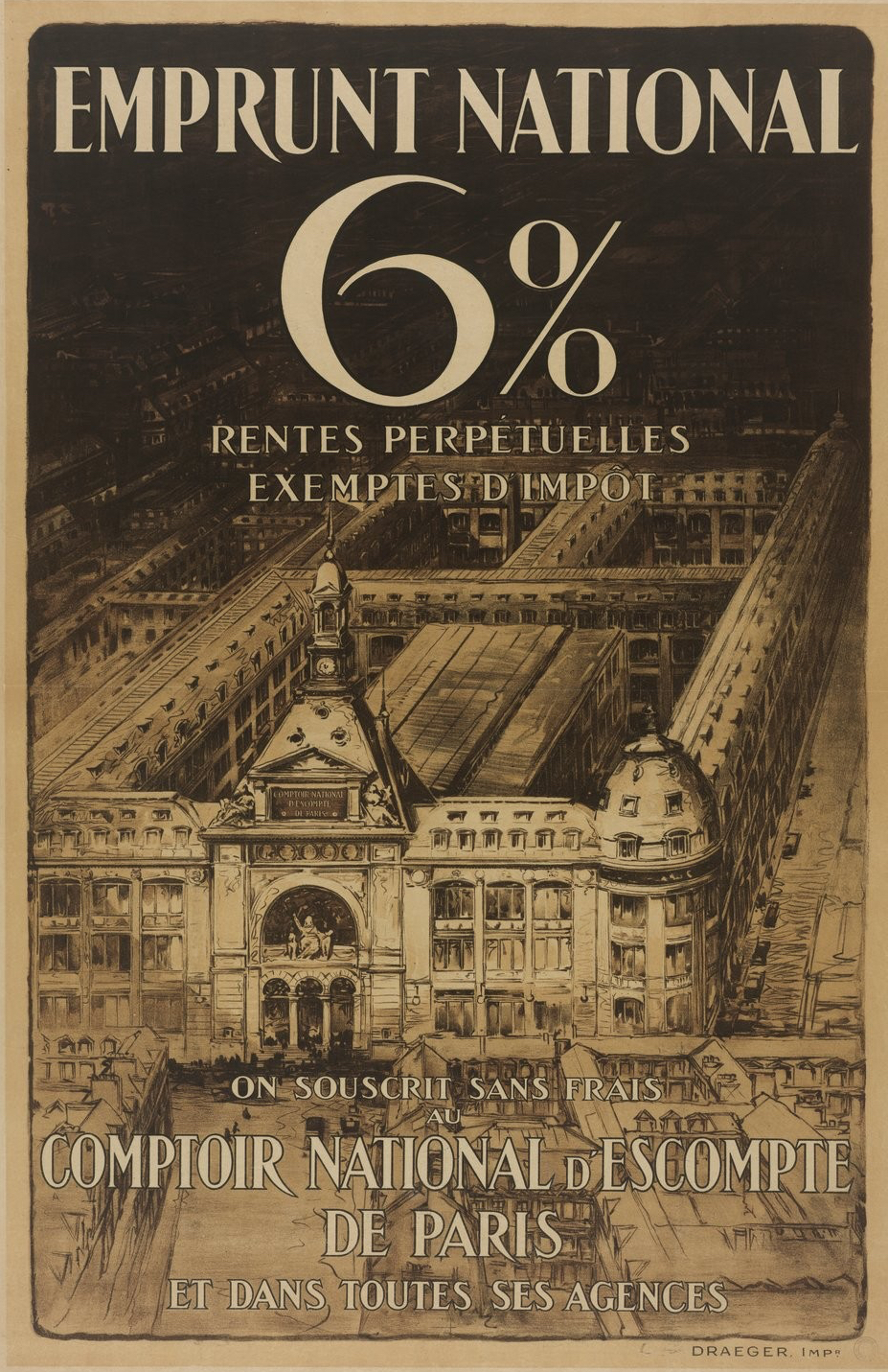 Ein Plakat mit einem zweistöckigen Gebäude mit rotem Dach und weißen Wänden, auf dem in fetter, schwarzer Schrift "emprunt national 6% - rentes perpetuelles exemptes impot" steht, vor einem hellblauen Hintergrund.