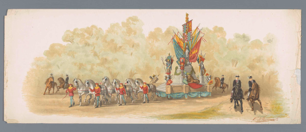 Ein Gemälde eines Karnevalsumzugs mit Menschen in bunten Kostümen, die vor einem geschmückten Schwimmwagen auf Pferden reiten, vor einem klaren blauen Himmel mit Bäumen im Hintergrund.