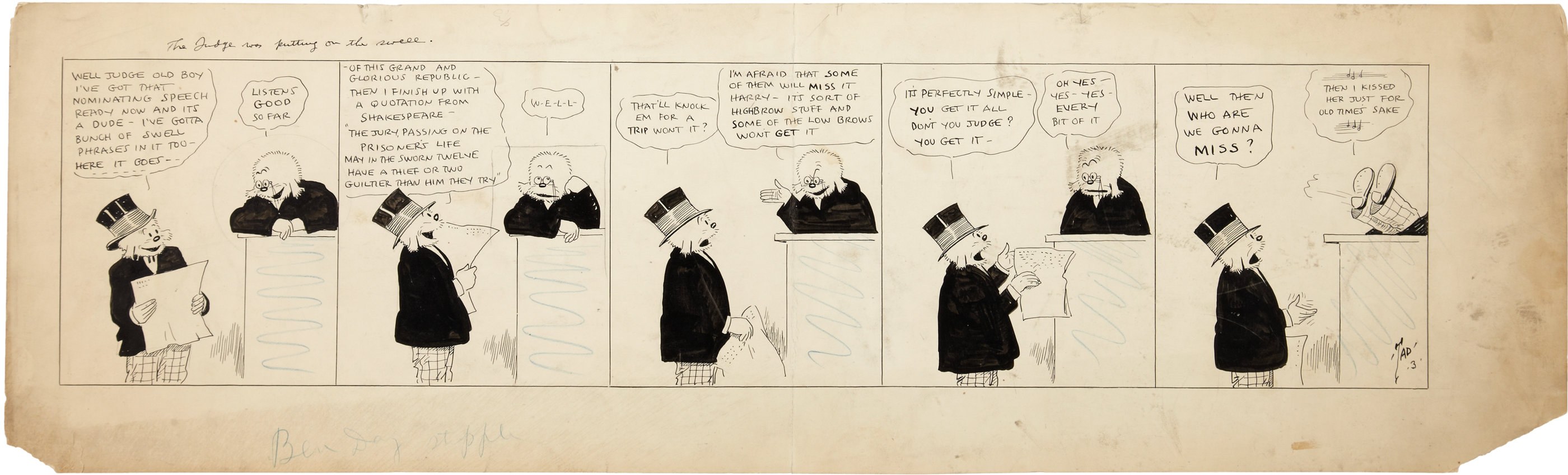 Cartoon eines Mannes mit Zylinder und einer Frau in einem Kleid in einer hitzigen Diskussion, wobei der Mann ein Blatt Papier hält.