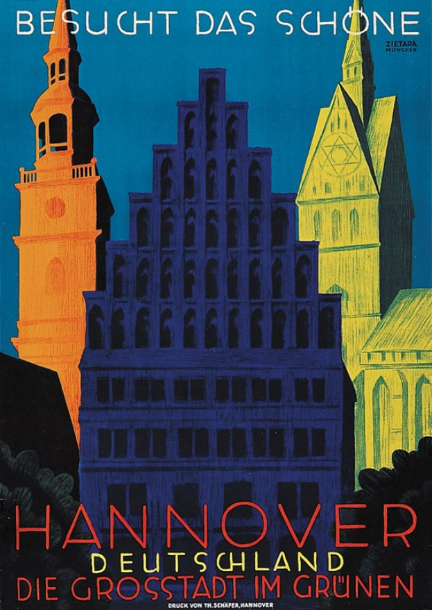 Plakat, das Hannover, Deutschland, mit Bildern von Gebäuden und Bäumen und Texten zur Stadtinformation anpreist.
