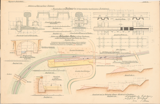 Altes Buch mit detaillierten Zeichnungen und Text eines Eisenbahnlayouts, einschließlich einer Illustration einer Eisenbahnschiene.