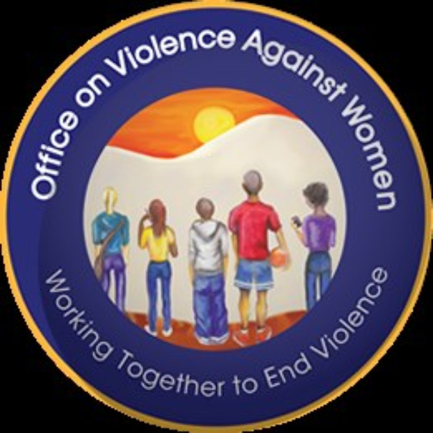 Logo des Büros für Gewalt gegen Frauen mit einer vielseitigen Gruppe von Menschen, die in einem Kreis mit verschränkten Armen stehen, vor einer leuchtend gelben Sonne, mit fetter schwarzer Schrift.