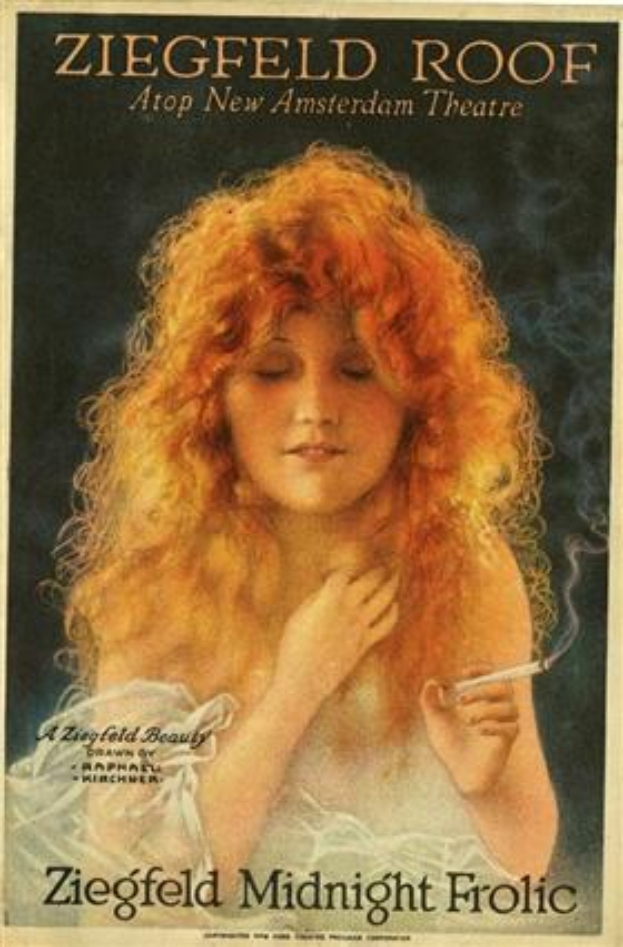 Ein Plakat für die Ziegfeld-Theater-Produktion Midnight Frolic, das eine Frau mit einer Zigarette zeigt, mit Text, der die Produktion beschreibt.