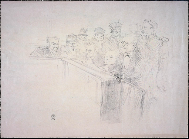 Eine Schwarz-Weiß-Zeichnung von Menschen, die an einem unordentlichen Tisch in einem Gerichtssaal sitzen, wobei einige ernst und andere besorgt aussehen.
