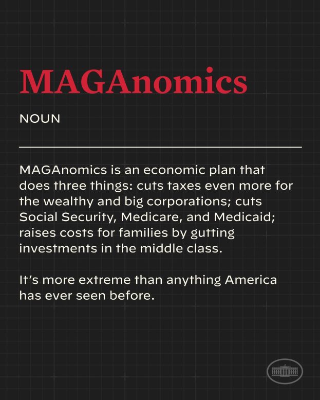 Plakat mit fettem schwarzem Text auf einem weißen Hintergrund, eingerahmt von einem schmalen schwarzen Rand, mit der Aufschrift "Maganomics: Ein Wirtschaftsplan, der drei Dinge tut: Senkt Steuern für Reich und Großkonzerne noch weiter."