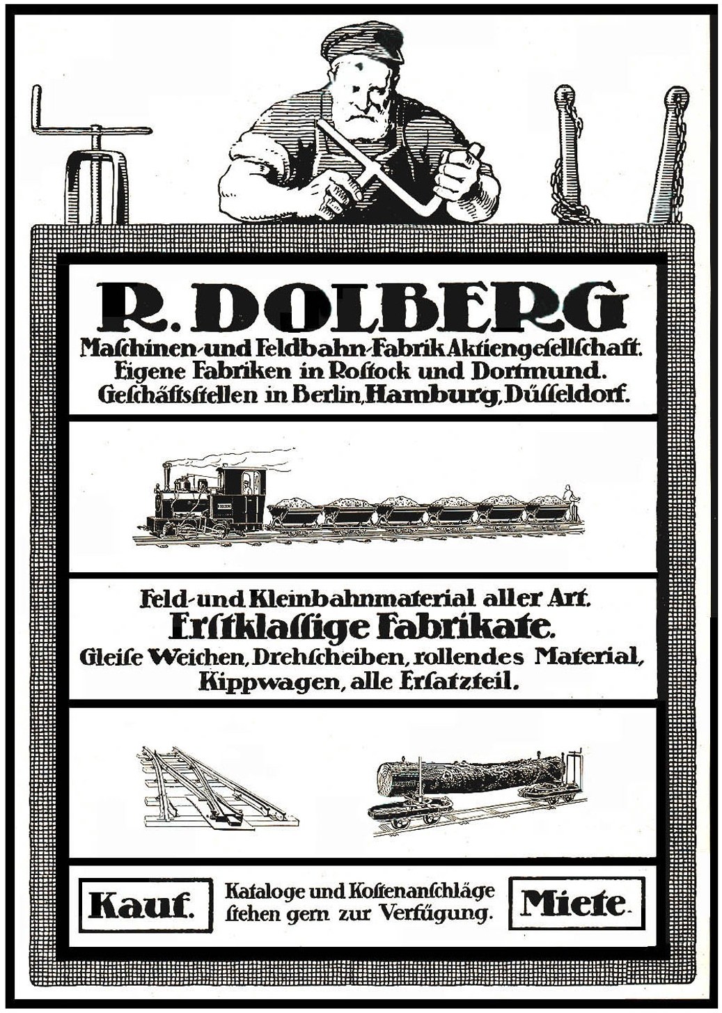 Werbeplakat für R.D. Dolbergs Fabrik in Hamburg, Deutschland, zeigt Text, eine Person, einen Zug und andere Objekte.