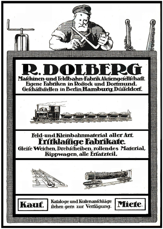 Werbeplakat für R.D. Dolbergs Fabrik in Hamburg, Deutschland, zeigt Text, eine Person, einen Zug und andere Objekte.