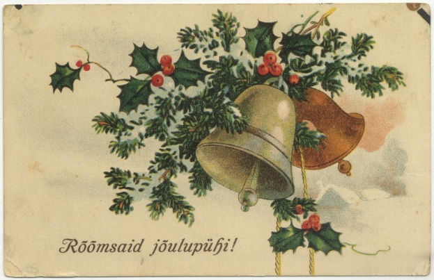 Altmodische Weihnachtskarte mit Stechpalme, roten Beeren und goldenen Glöckchen, mit festlicher Textzeile.