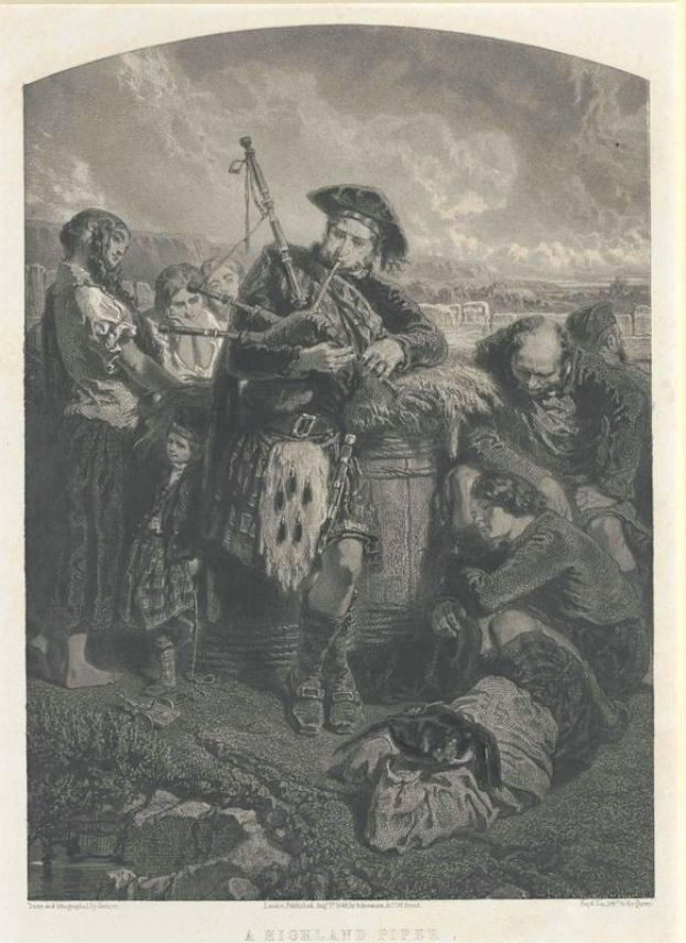Schwarze und weiße Gravur eines Mannes, der eine Dudelsack vor einer Gruppe von Menschen unter einem bewölkten Himmel spielt, mit dem Text "Ein Highland-Pfeifer" unten.