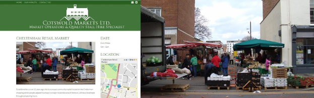 Eine sonnige Marktszene mit Menschen auf der rechten Seite.