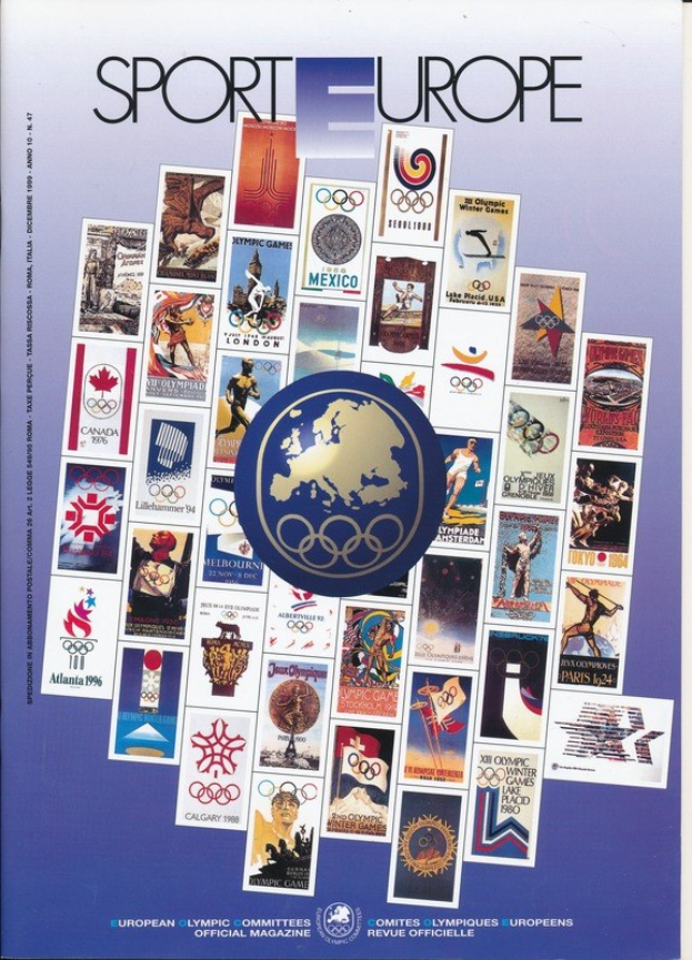 Buchumschlag mit dem Titel "Sporting Europe", der farbenfrohe Olympia-Spiele-Imagery und weiße, fette Schrift enthält.