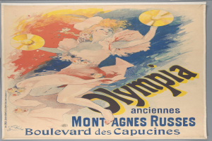 Plakat für die Olympischen Spiele in Mont-Agnes-Russes, Frankreich, mit einer Frau in buntem Kleid, die einen Fächer hält.
